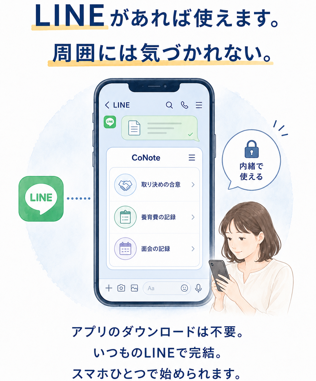 LINEがあれば使えます。周囲には気づかれない